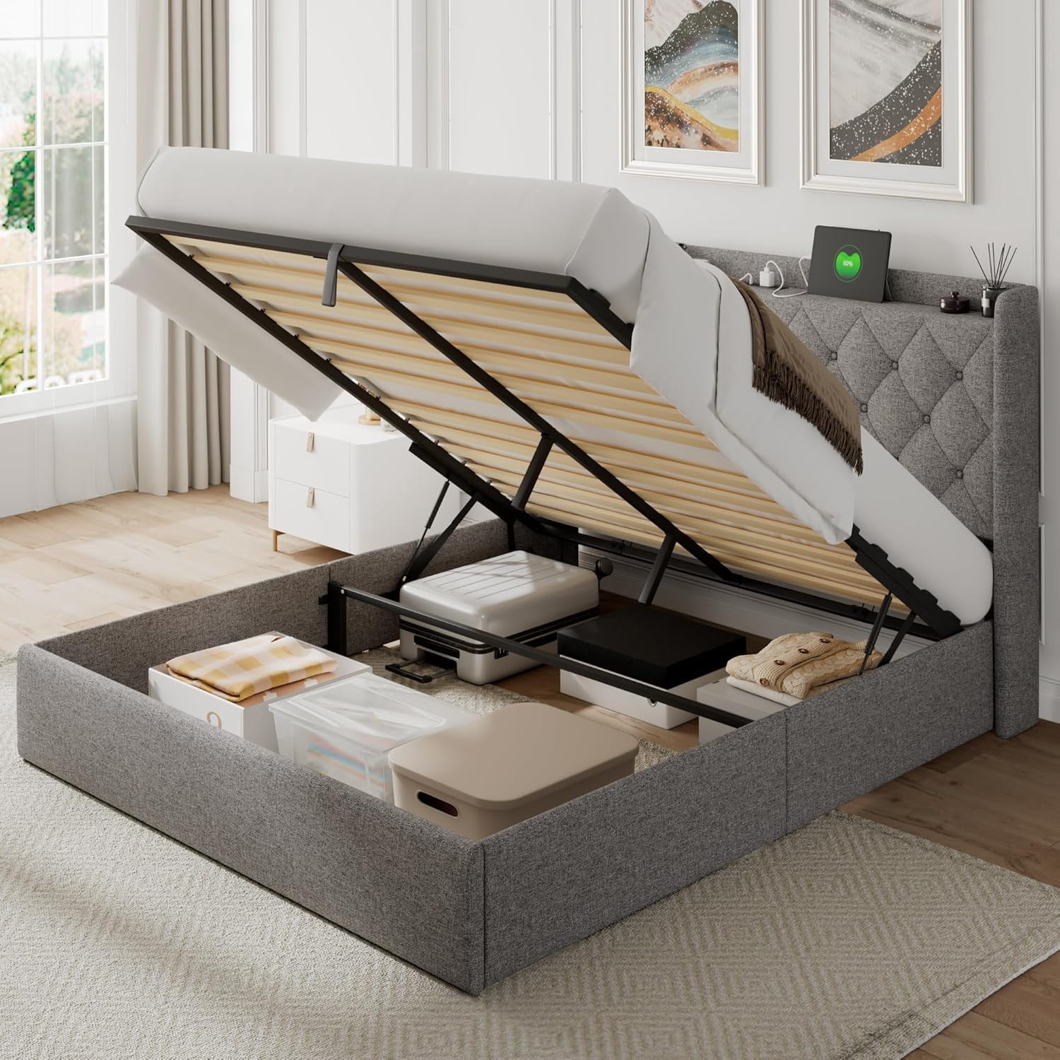 MINGZHI Queen Size Lift Up Storage Bed Frame with Charging Station ...