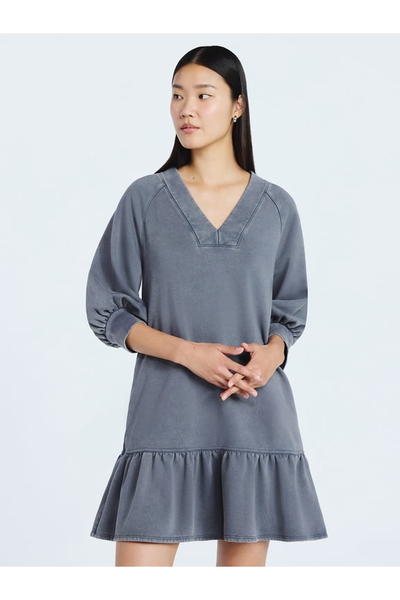 Women's and Women's Plus Deep V Neck Sweatshirt Mini Dress, Sizes XS-4X