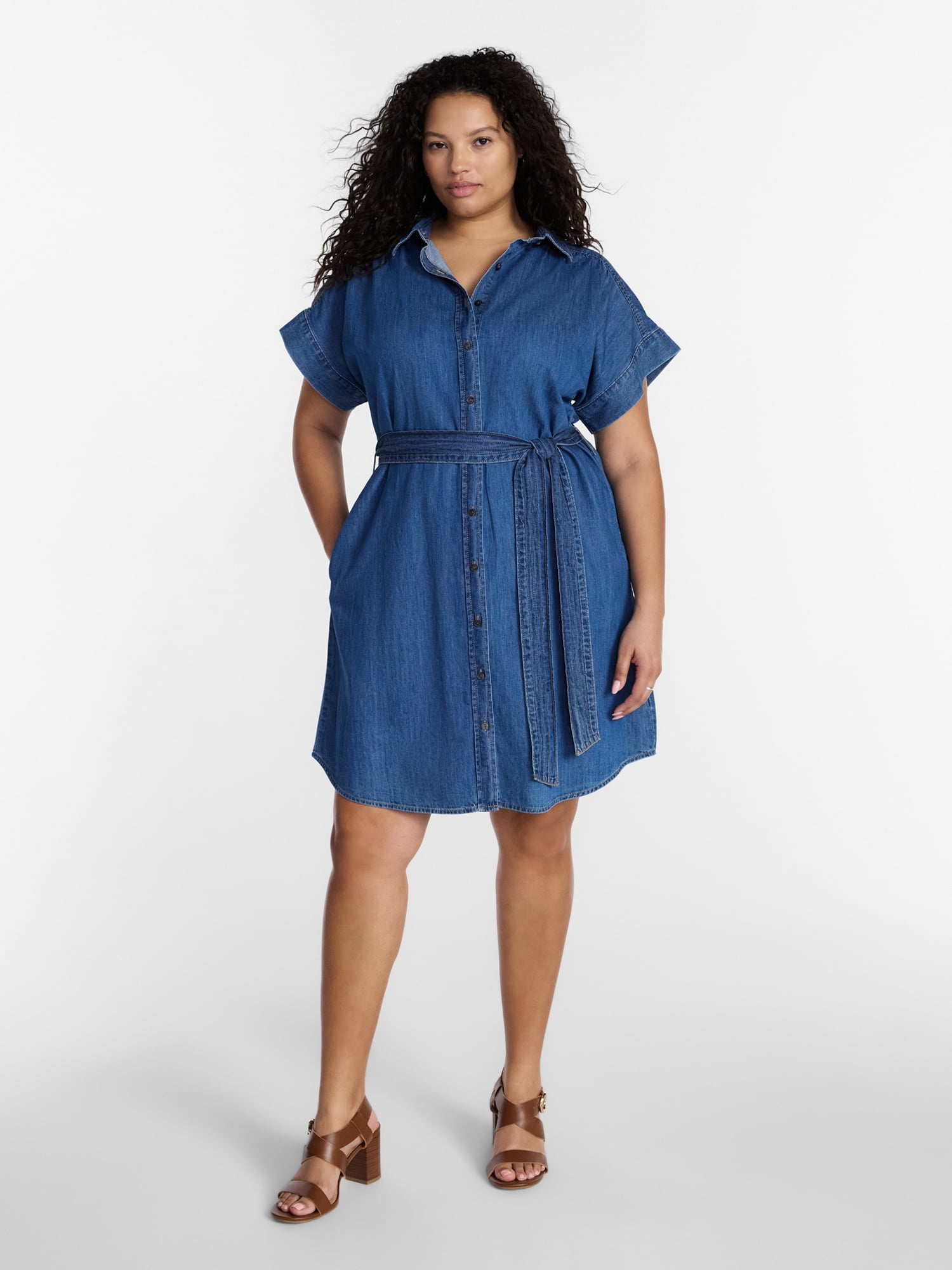 Terra & Sky Women's Plus Mini Denim Shirt Dress, Sizes 0X-5X