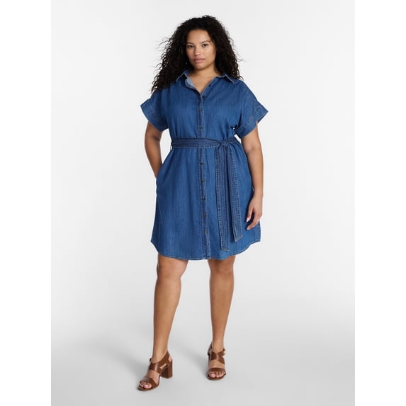 Terra & Sky Women's Plus Mini Denim Shirt Dress, Sizes 0X-5X