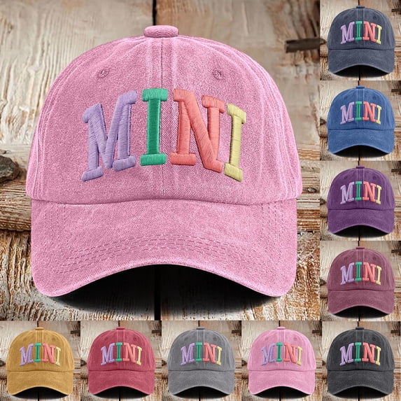 MINI Embroidered Vintage Baseball Cap for Women, Adjustable Two Tone Washed Cotton Dad Hat, Retro Style for Casual Wear Blue One Size