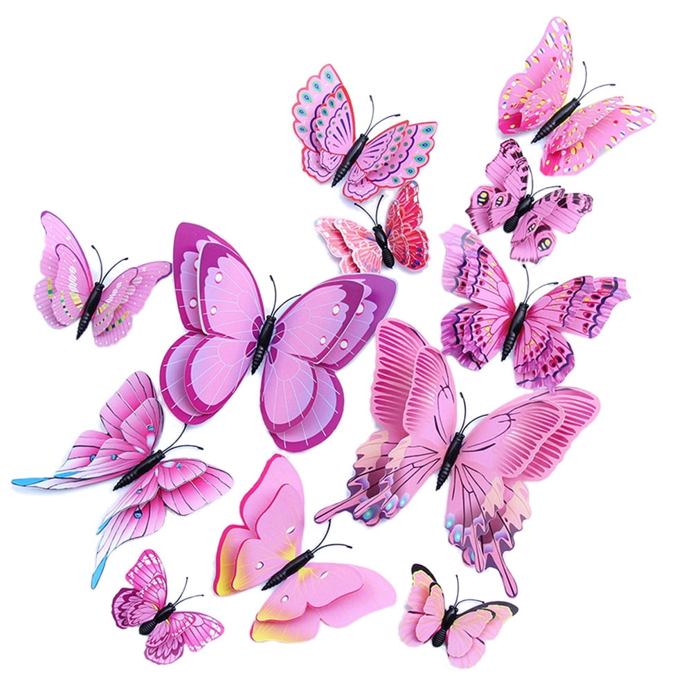 MINI-FACTORY 12PCs 3D Vivid Butterfly Wall Decoration DIY Art Craft Decor Stickers Kid's Room for Girls - Pink