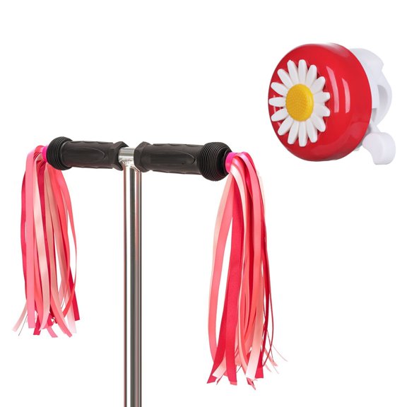 MINI-FACTORY Bike Bell + Streamer for Kid Girls, Cute Flower Bike Bell + Streamer Robbin Children's Bike Accessory (Red)