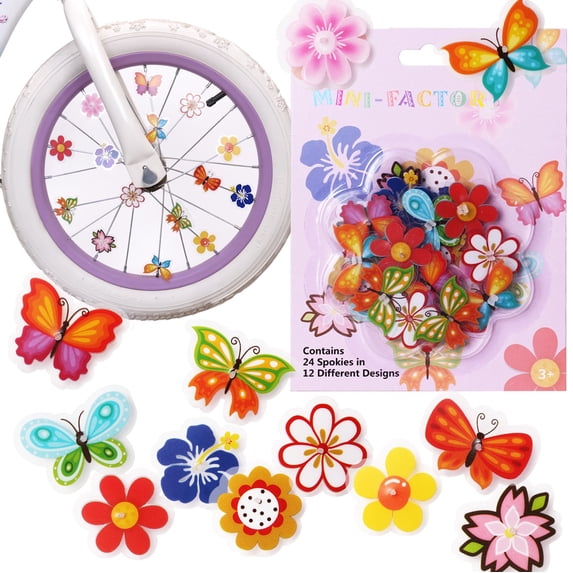 MINI-FACTORY Bike Wheel Spoke Decoration Stickers for Kids – Colorful Flower & Butterfly Bike Accessories Easy Clip-On Spoke (24 Pcs, 12 Designs)