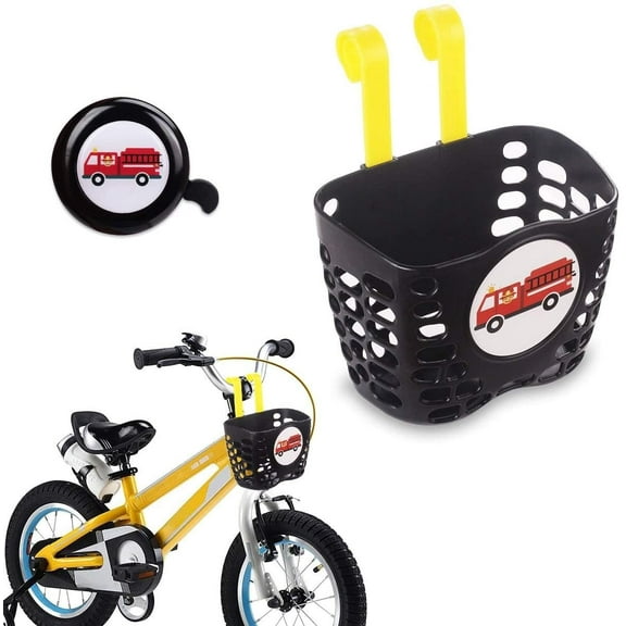 MINI-FACTORY Kid's Bike Basket and Bell 2pcs Play Set for Boys, Cute Cartoon Fire Truck/Dinosaur Pattern Bicycle Handlebar Basket Plus Safe Cycling Ring Horn