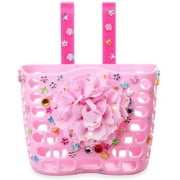 MINI-FACTORY Kid's Bike Basket, Cute Flower + Bling DIY Crystal Stickers Bicycle Front Handlebar Basket for Kid Girls (Pink Flower)