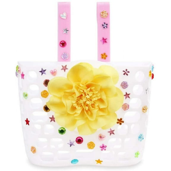 MINI-FACTORY Kid's Bike Basket, Cute Flower + Bling DIY Crystal Stickers Bicycle Front Handlebar Basket for Kid Girls (White)