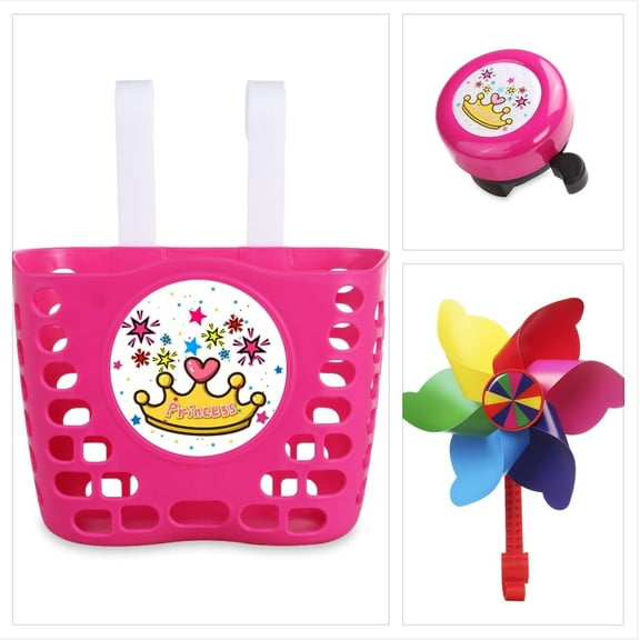 MINI-FACTORY Kids Bike Accessory Combo - Pink Princess Crown Pattern Basket, Bell, & Pinwheel, Perfect Holiday Gift