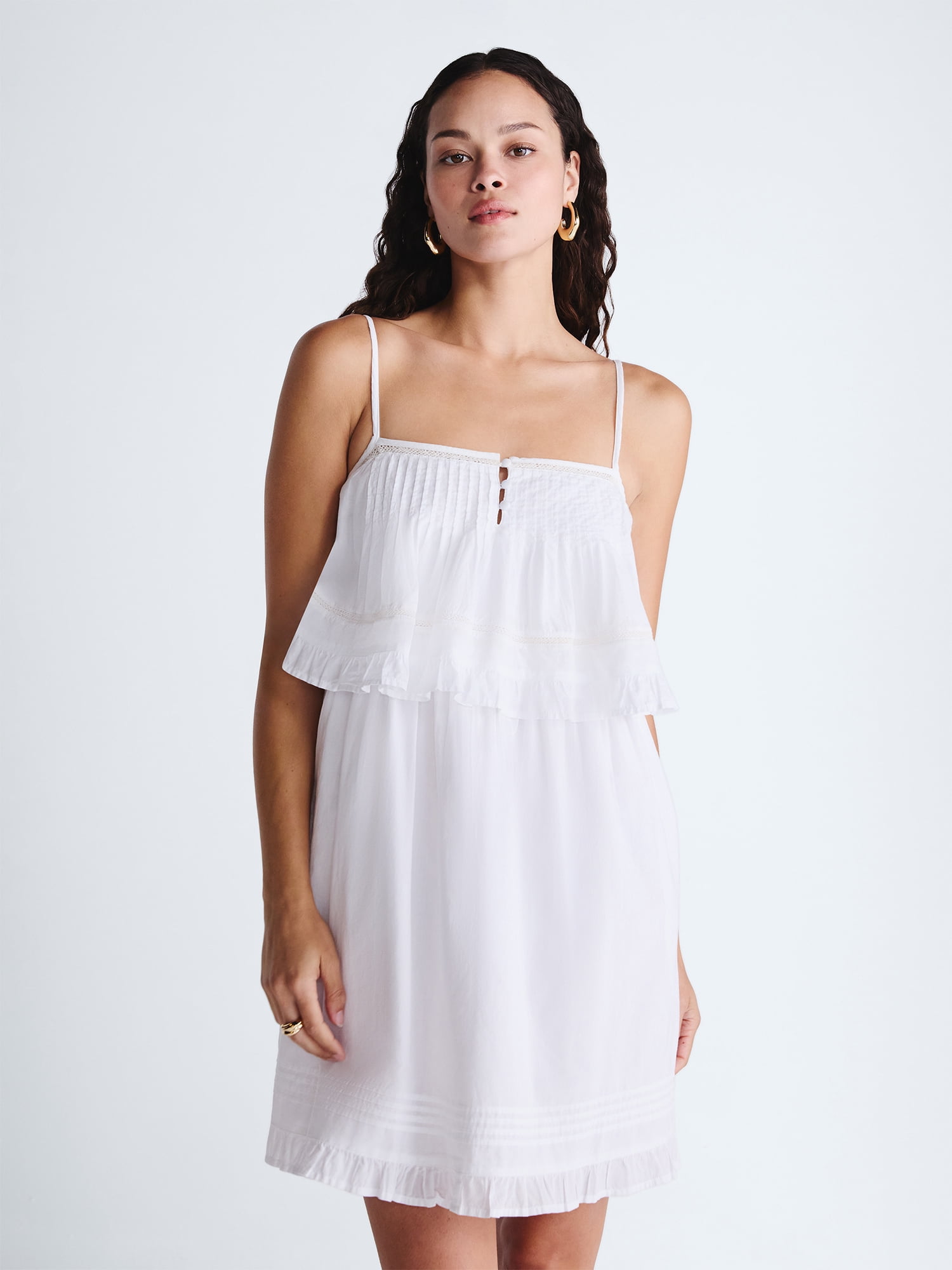 Scoop Women’s Flowy Cotton Mini Dress with Lace Trim, Sizes XS-XXL