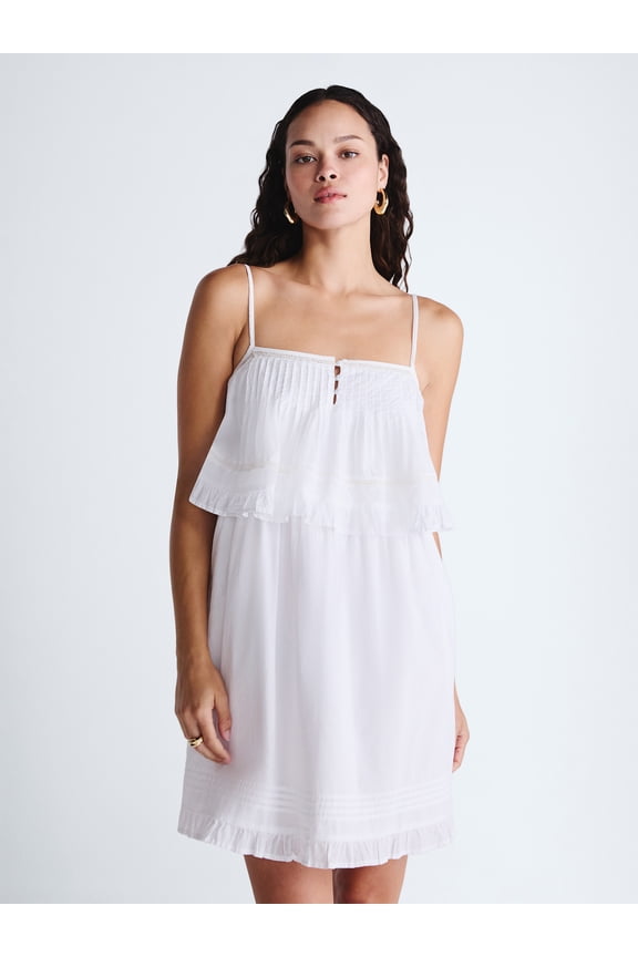 Women’s Flowy Cotton Mini Dress with Lace Trim, Sizes XS-XXL