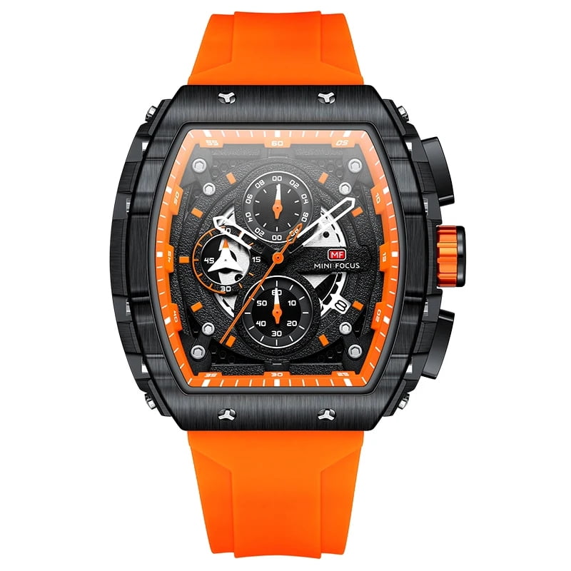 MINIFOCUS MINI FOCUS Chronograph Quartz Watch for Men Tonneau Dial Military Sport Wristwatch Male with Orange Silicone Strap Auto Date
