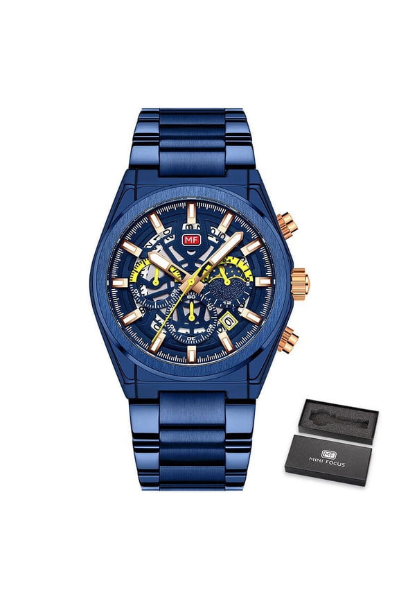 MINI FOCUS Luxury Brand Fashion Men Watches Stainless Steel Band Mens Wristwatch Quartz Watch Waterproof Relogio Masculino Blue