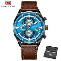 MINI FOCUS Quartz Watch Men Waterproof Blue Leather Strap Luxury Brand Fashion Design Multifunction Sport Clock Men's Wristwatch
