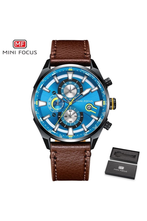 MINI FOCUS Quartz Watch Men Waterproof Blue Leather Strap Luxury Brand Fashion Design Multifunction Sport Clock Men's Wristwatch