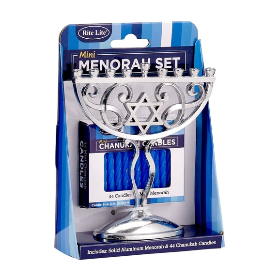 MINI MENORAH SET, ALUM, W/44 MINI CANDLES, 4"x5", COLOR BOX