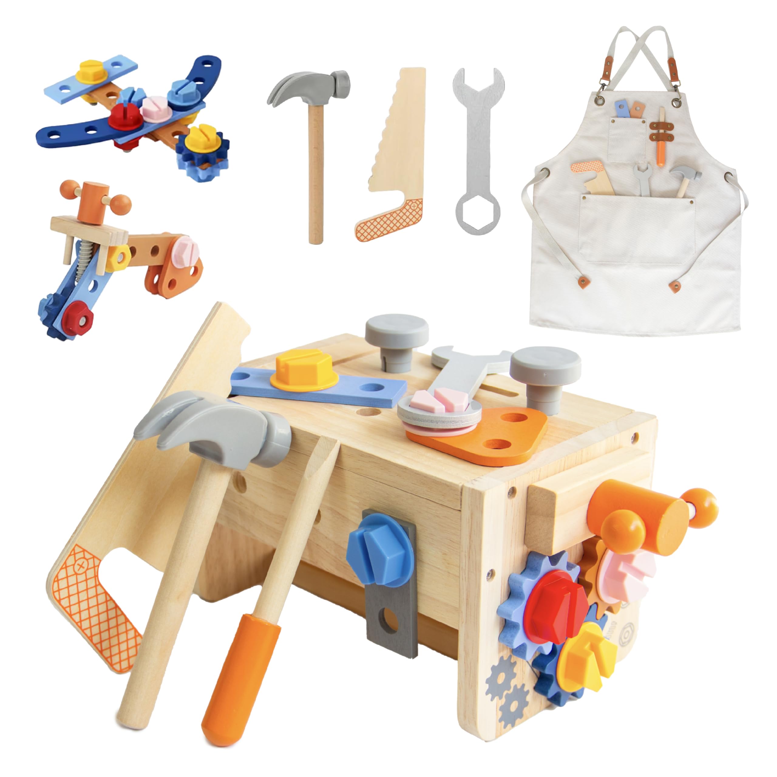 Wooden Construction Tool Set For Kids - Montessori Building Toys For Ages 2-5 With Truck Workbench