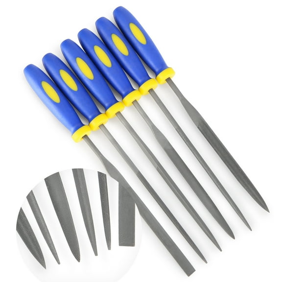MINI Needle File Set (Carbon Steel 6 Piece-Set) Hardened Alloy Strength Steel - Set Includes Flat, Flat Warding, Square, Triangular, Round, and Half-Round File(6'' Total Length)