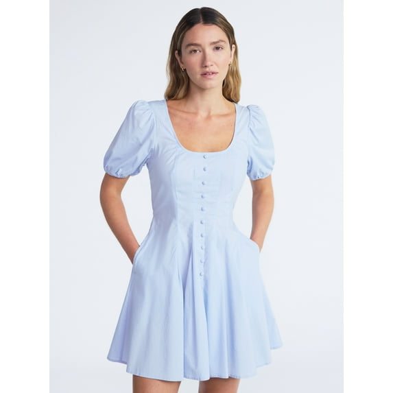 Scoop Women’s Pleated Mini Dress with Puff Sleeves, Sizes XS-XXL