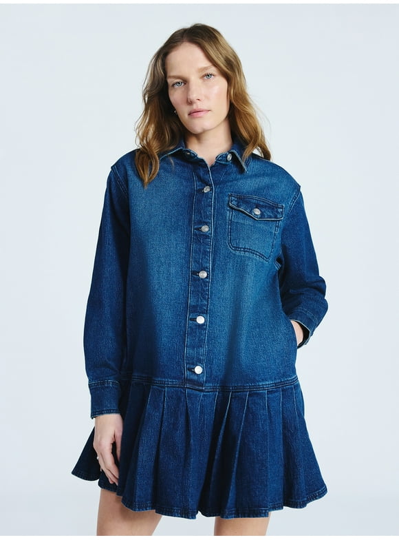 Women's and Women’s Plus Denim Pleated Mini Shirt Dress, Sizes XS-4X