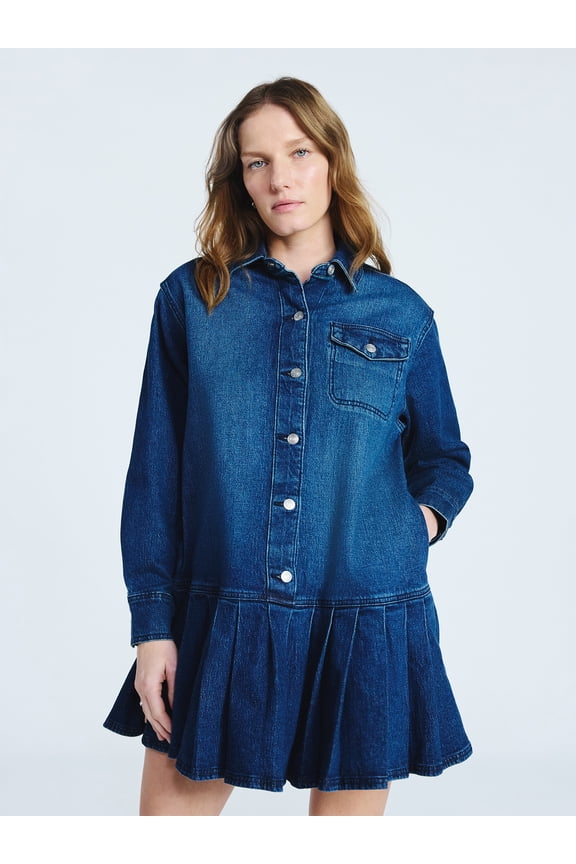 Women's and Women’s Plus Denim Pleated Mini Shirt Dress, Sizes XS-4X