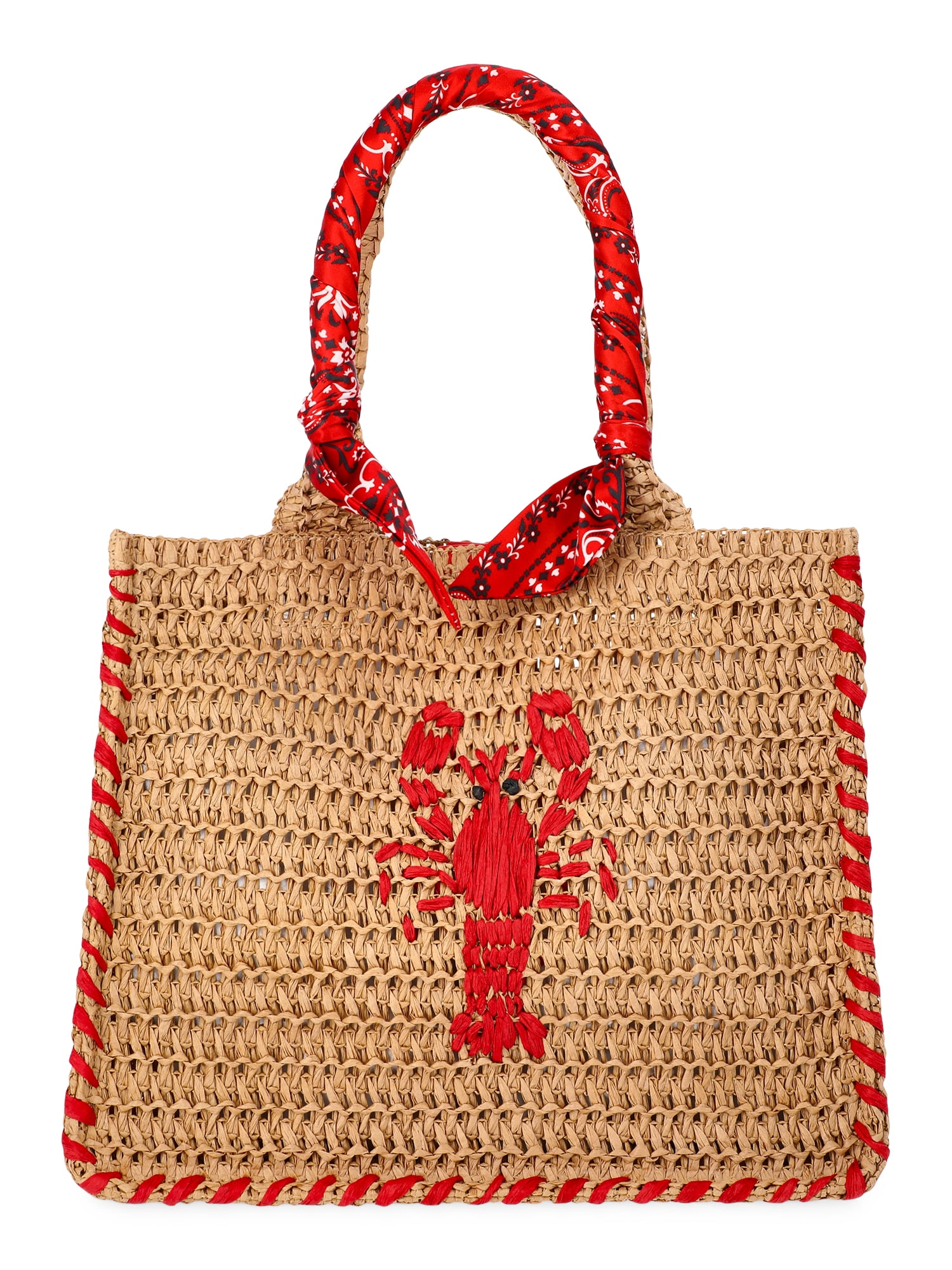 No Boundaries Women's Beach Icons Mini Straw Tote Bag, Natural with Lobster Embroidery