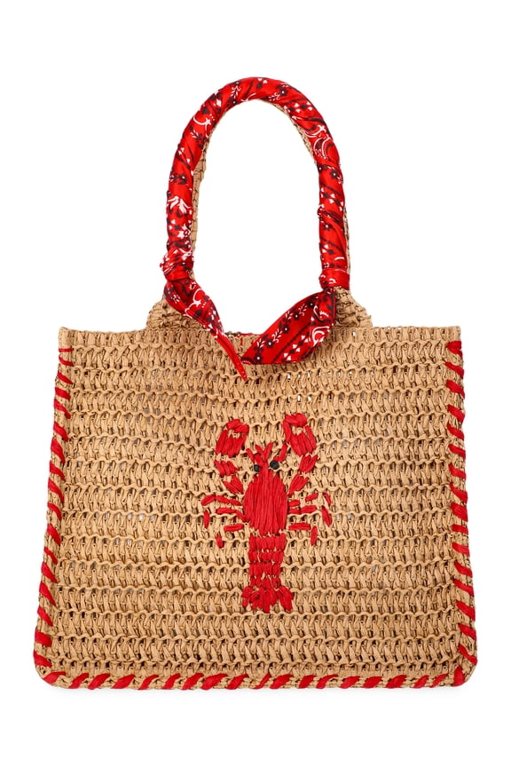 Women's Beach Icons Mini Straw Tote Bag, Natural with Lobster Embroidery