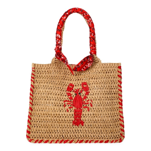 No Boundaries Women's Beach Icons Mini Straw Tote Bag, Natural with Lobster Embroidery