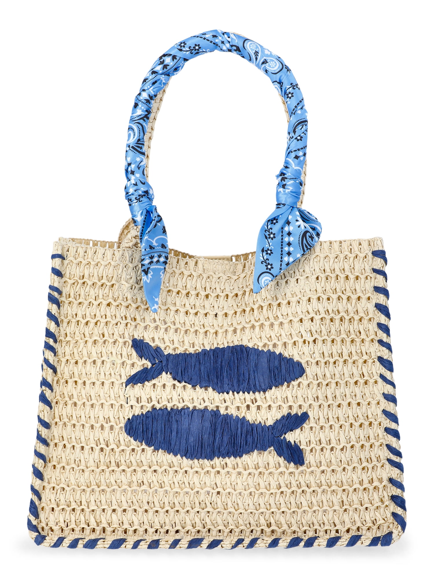 No Boundaries Women's Beach Icons Mini Straw Tote Bag, Light