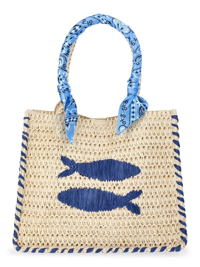 No Boundaries Women's Beach Icons Mini Straw Tote Bag, Light