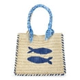 thumbnail image 1 of No Boundaries Women's Beach Icons Mini Straw Tote Bag, Light Natural with Fish Embroidery, 1 of 6