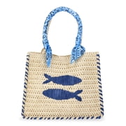 Women's Beach Icons Mini Straw Tote Bag, Light Natural with Fish Embroidery