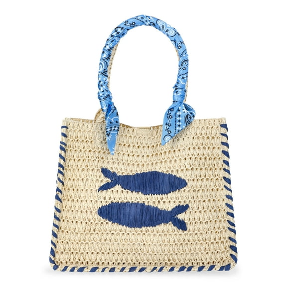 No Boundaries Women's Beach Icons Mini Straw Tote Bag, Light Natural with Fish Embroidery