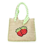 No Boundaries Women's Beach Icons Mini Straw Tote Bag, Natural with Strawberry Embroidery