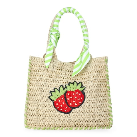 Women's Beach Icons Mini Straw Tote Bag, Natural with Strawberry Embroidery