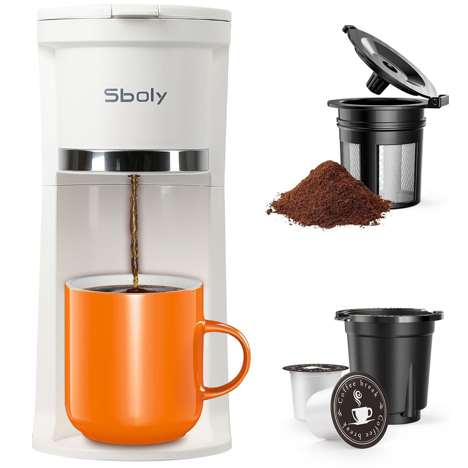 Sboly Mini Single Serve Coffee Maker Instant Coffee Maker One Cup for K Cup Ground Coffee 6 to 12 oz Brew Sizes Capsule Coffee Machine with Water
