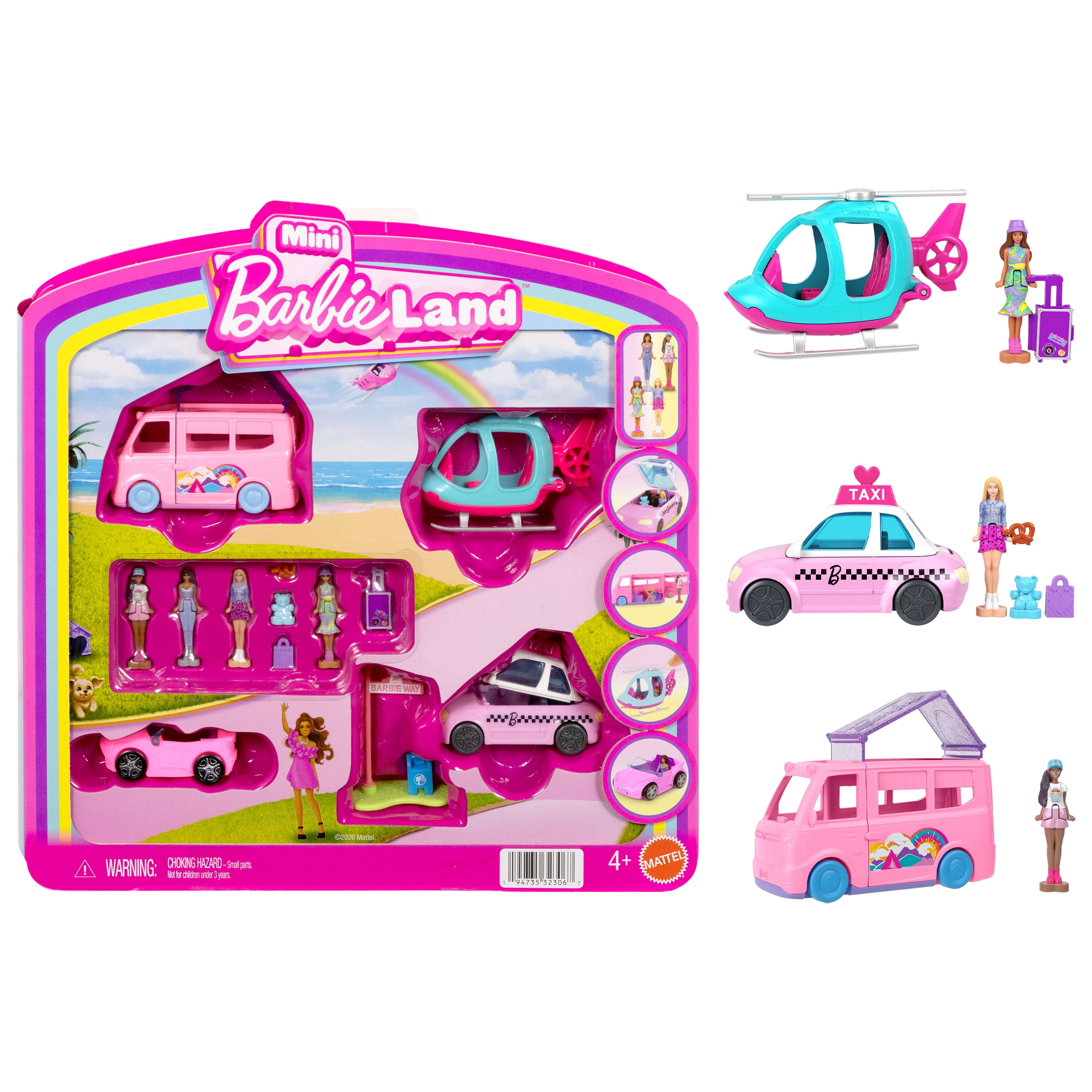 Barbie Mini BarbieLand 4-Pack Doll & Vehicle Set, 4 1.5-inch Dolls, 4 Toy Vehicles & Accessories