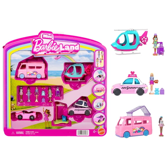 Barbie Mini BarbieLand 4-Pack Doll & Vehicle Set, 4 1.5-inch Dolls, 4 Toy Vehicles & Accessories