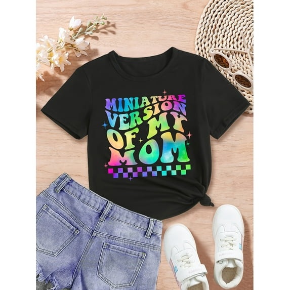 MINIATURE VERSION OF MY MOM Print, Girls' Casual Crew Neck Short Sleeve T-shirt, Comfy Top Clothes For Spring And Summer For Outdoor Activities Leisure Outing Tees, Casual Cute Tee, Comfy Top