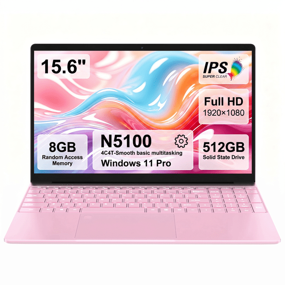 15.6" FHD Laptop, Intel N5100 Processor, 8GB RAM, 512GB SSD, Windows 11 Pro, Backlit Keyboard, Fingerprint Reader, Lightweight Notebook for Students & Home Office