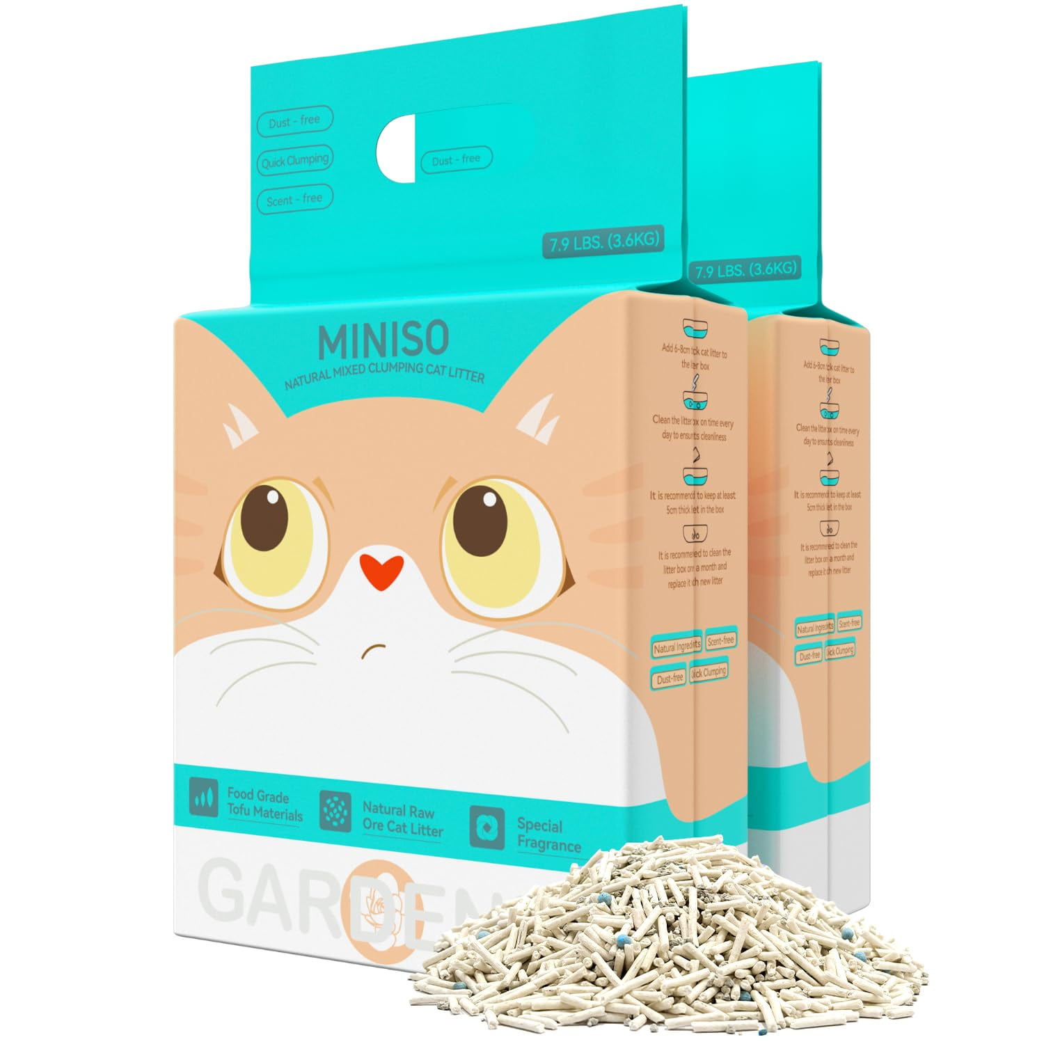 MINISO Clumping Cat Litter, Tofu+Bentonite+Cassava, Odor Control, Rapid Clumping, Water Absorbent and Toilet Flushable, Multi-Cat, Gardenia Style, 15.8lb (2 Pack of 7.9lb Bags) C80