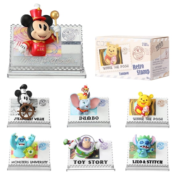 MINISO Disney Winnie The Pooh Retro Stamp Collection Blind Box Figure Random Design Stitch Mickey Surprise Boxes Toy for Home Decorations Birthday Gifts (Random One Figure)