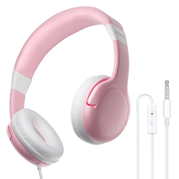 MINISO Kids Headphones for Girls Aged 3-12, Wired Headphones for Kids with Built-in Mic, 85dB Volume Limit, Ultra-Light 84g Adjustable On-Ear Headphones for School, Computer and Tablet