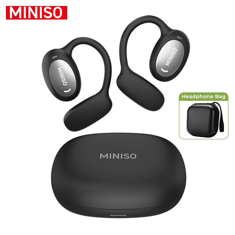 MINISO MS181 Bluetooth 6.0 Wireless Open-Ear Headphones - AI Translator, Noise-Cancelling Earbuds, 133+ Languages, IPX5 Waterproof, Black + Earbud Case