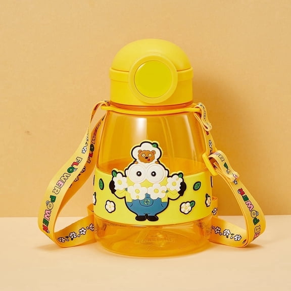MINISO Minions 800mL Plastic Bottle - Daisy Design, Straw Lid & Shoulder Strap