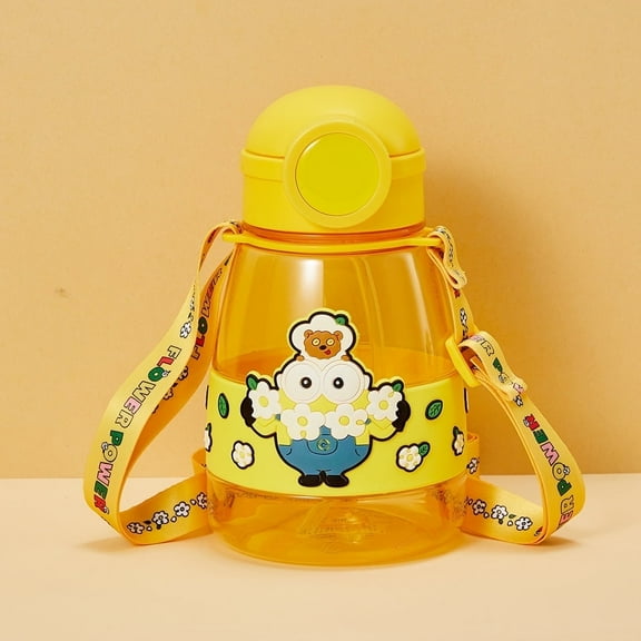 MINISO Minions 800mL Plastic Bottle - Daisy Design, Straw Lid & Shoulder Strap