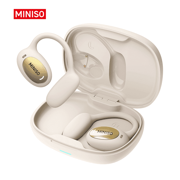 MINISO AI Real-Time Translation Earbuds, Open Ear Bluetooth 5.4, 130+ Languages, IPX5 Waterproof for Travel/Gym, Beige