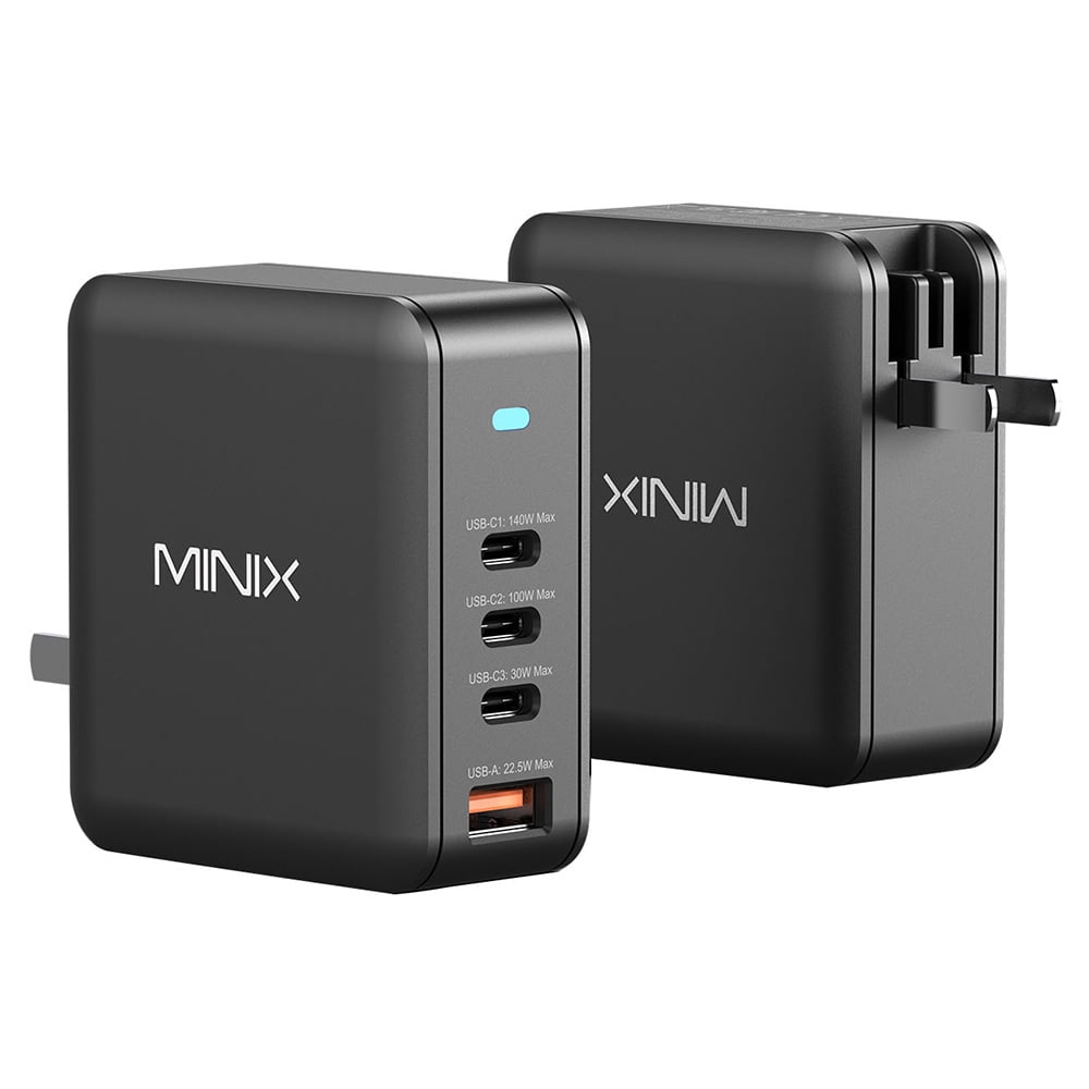 MINIX P165 GaN Wall Charger, 165W 4-Ports GaN Foldable Compact Fast Wall Charger Power Adapter with 3-USB-C/1-USB-A, US/EU/UK Plugs for Home Travel