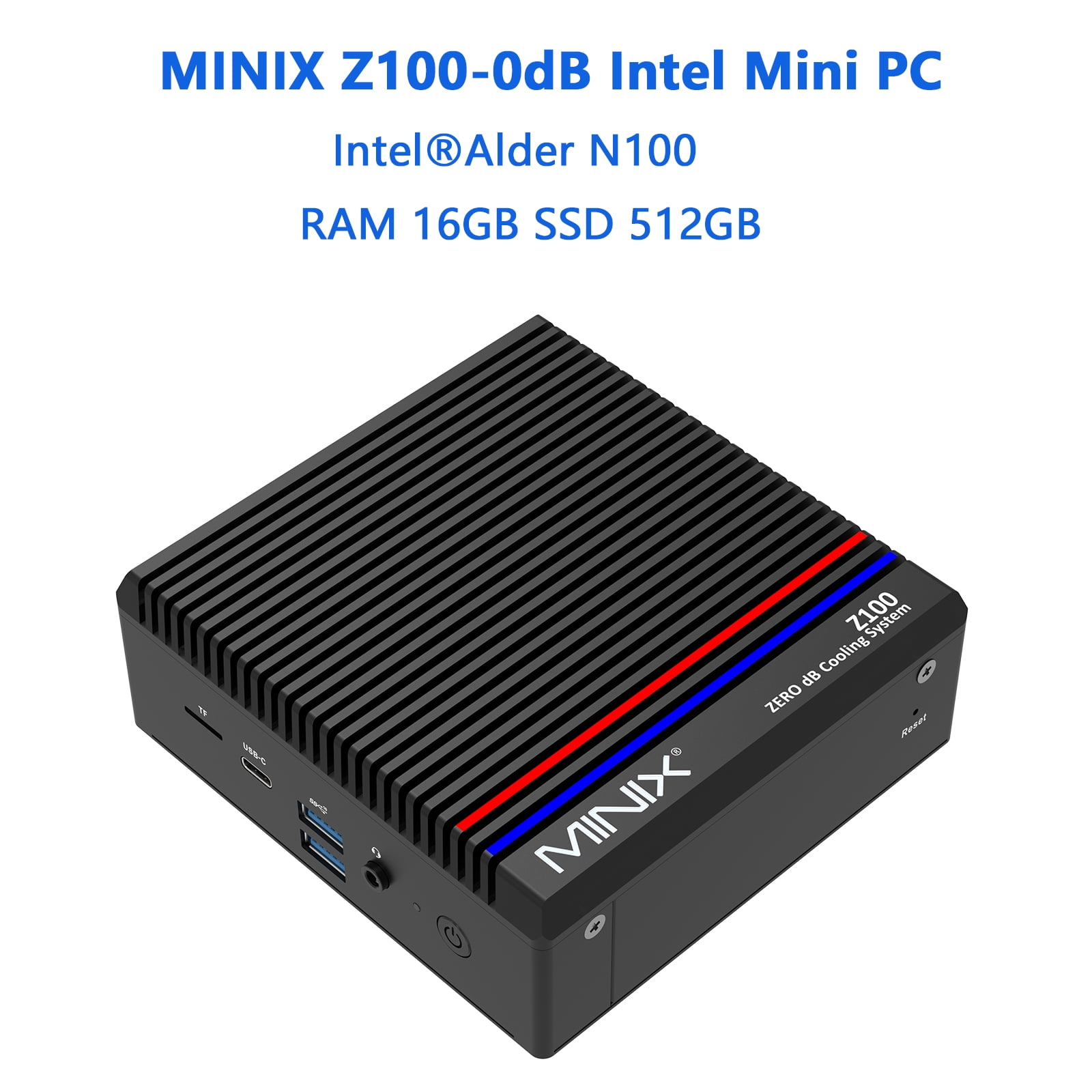 MINIX Z100-0dB Fanless Mini PC, Intel N100, 16GB DDR4, 512GB M.2 PCIe 3.0 x  4 NVMe SSD Windows 11 Pro Desktop Computer, 4K Dual Display/2.5G  LAN/USB3.2/USB-C/WiFi 6/BT5.2/Vesa Mount - Walmart.com