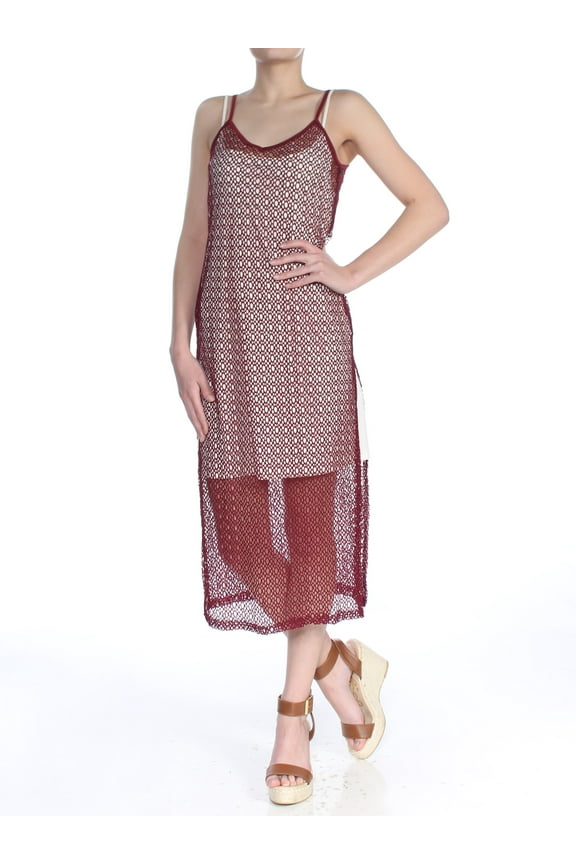 Womens Burgundy Fishnet Midi Spaghetti Strap V Neck Tea Length Shift Dress S