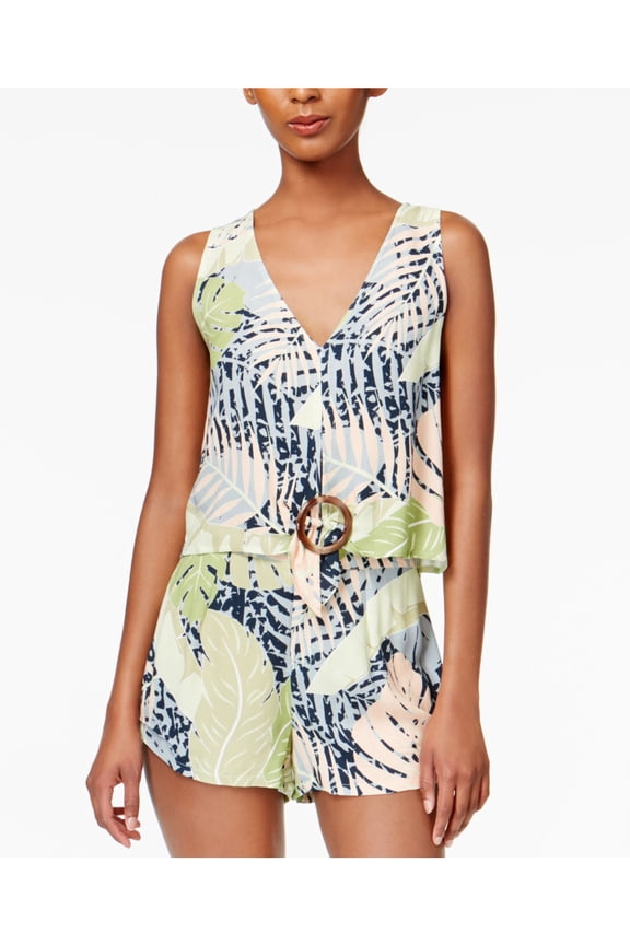 Womens Green Floral Sleeveless V Neck Top Size: L